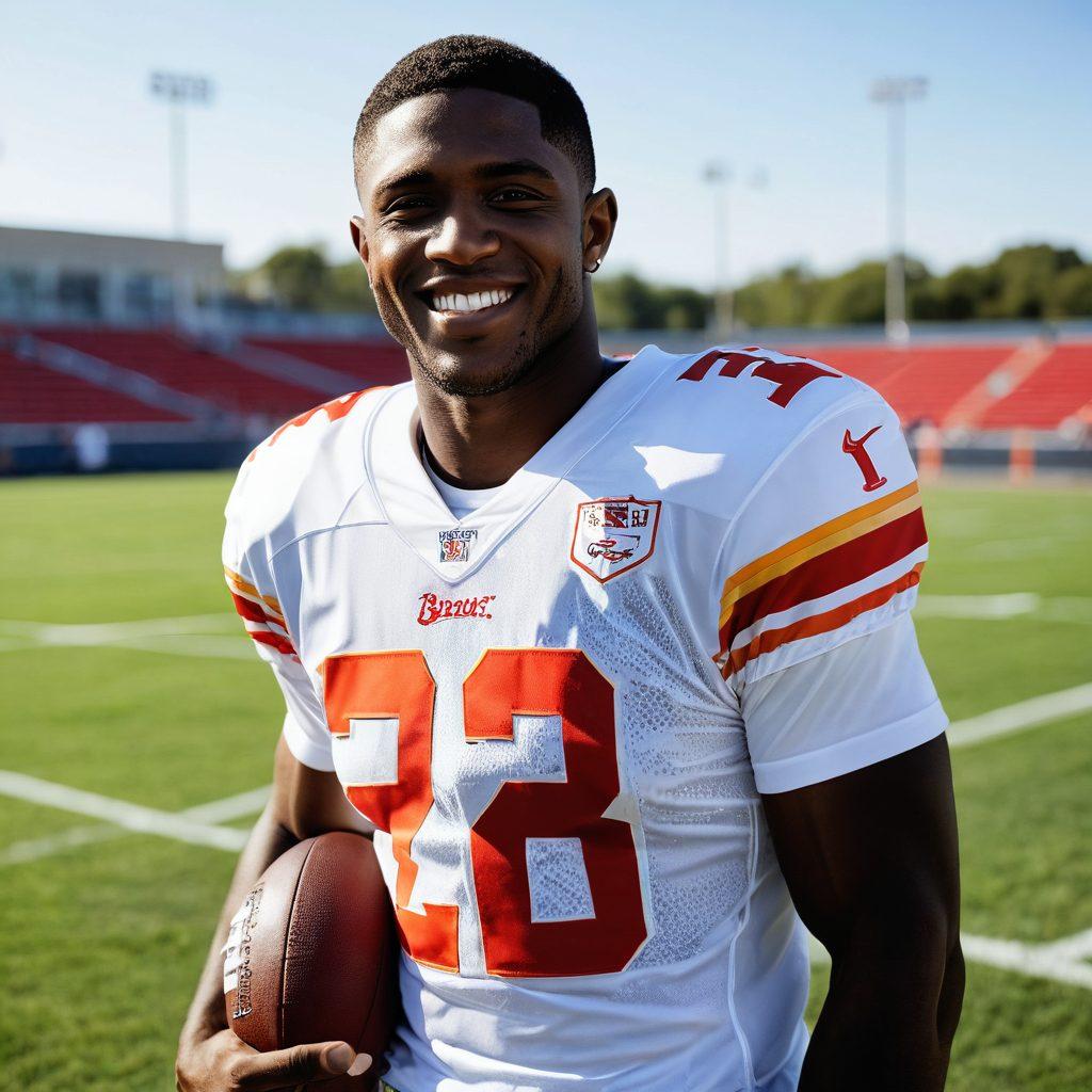 A portrait of Reggie Bush in an uplifting setting, showcasing him in football gear on one side and casually dressed, smiling, engaged in community service on the other. In the background, a vibrant mix of a football field and a happy community scene, symbolizing his journey from sports to life inspiration. Warm sunlight illuminating the scene, conveying a sense of hope and positivity. super-realistic. vibrant colors. dynamic composition.