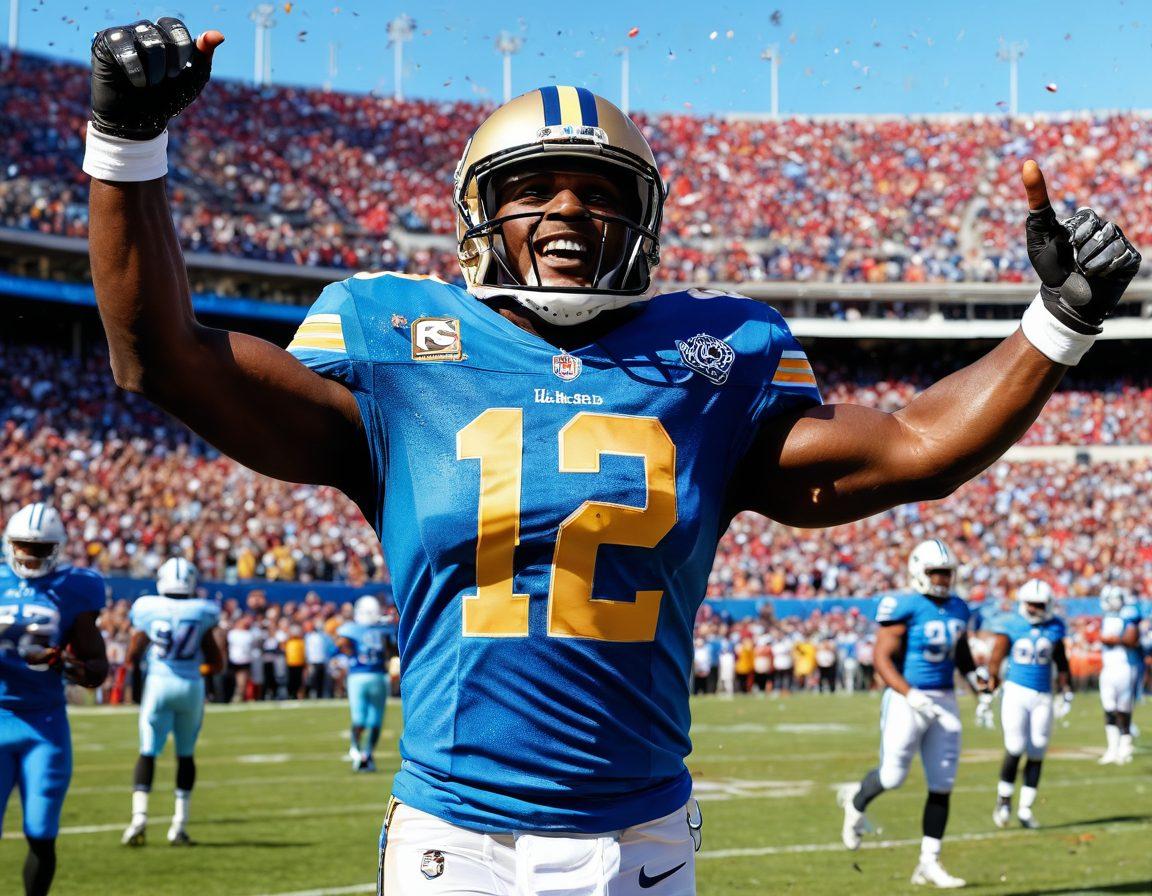 A vibrant scene showcasing Reggie Bush joyfully celebrating a touchdown on the football field, surrounded by cheering fans, with confetti raining down. Include bright sunlight illuminating the moment, capturing a sense of happiness and positivity. In the background, a motivational quote about joy and sports is subtly inscribed. The atmosphere is energetic and uplifting, emphasizing community and passion. super-realistic. vibrant colors. dynamic sports illustration.