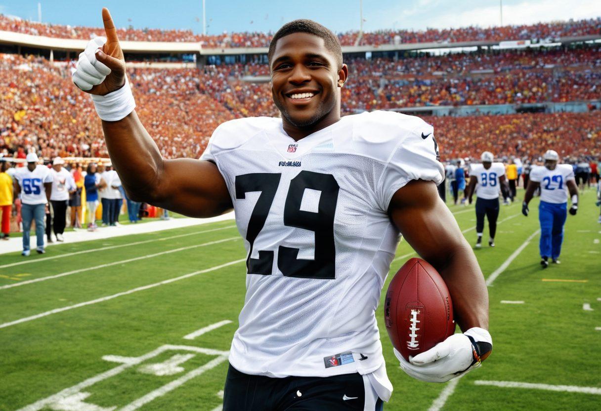 A dynamic scene of Reggie Bush in action on a football field, surrounded by cheering fans. He's radiating joy with a big smile, giving a thumbs up to spectators. The background features uplifting phrases in vibrant colors, showcasing his positive impact. Include images of community service and youth engagement to illustrate his efforts off the field. vibrant colors. super-realistic.